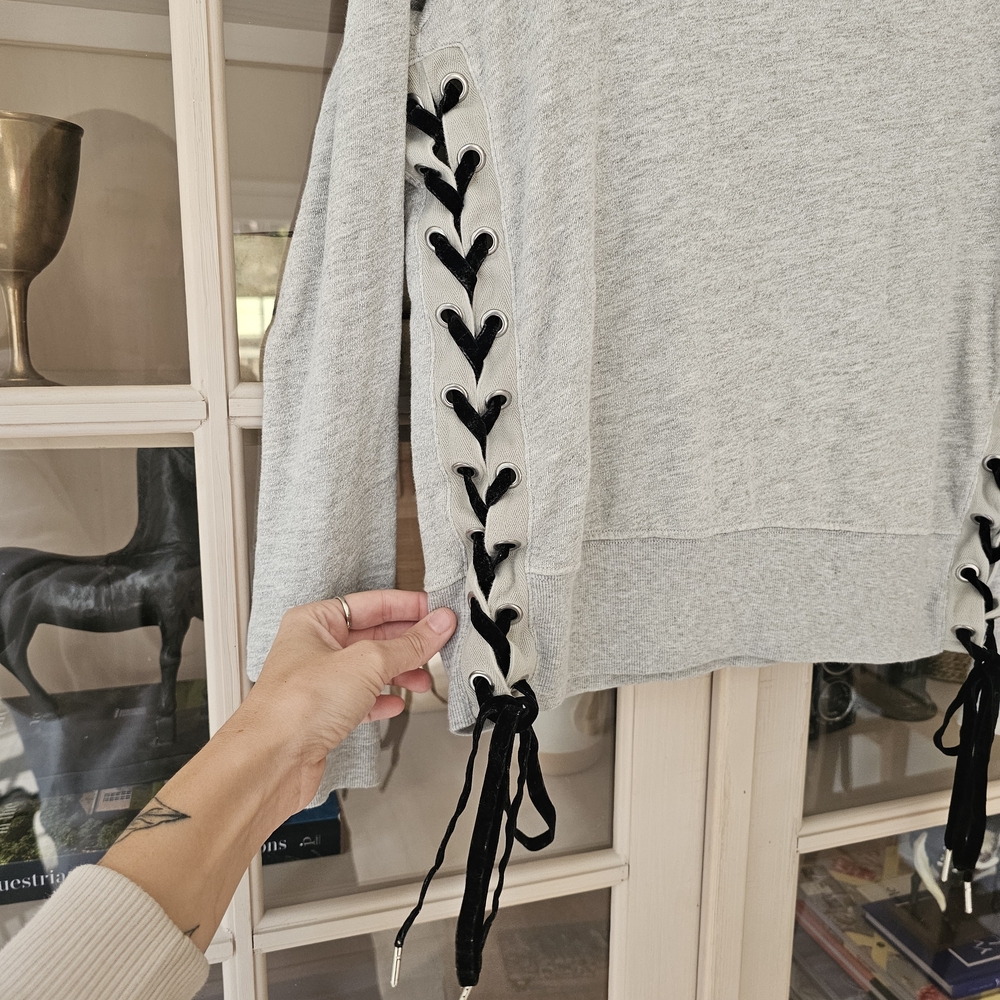 Pam & Gela Lace Up Sides Light Gray V-Neck Sweater - Picture 9 of 11